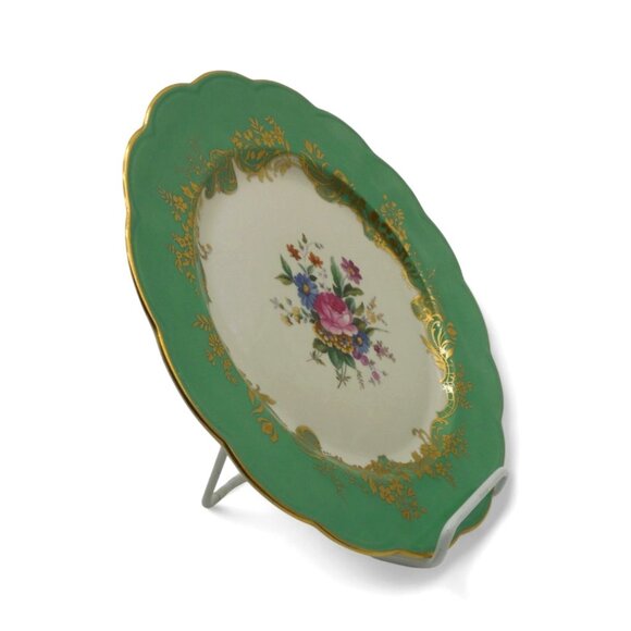 ROYAL BAYREUTH Green and Gold Floral Porcelain Plate, Germany Vintage 10.6" - Picture 4 of 12